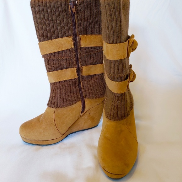 Brown and Tan Suede Winter Boots with Wedge Heel - Picture 2 of 6